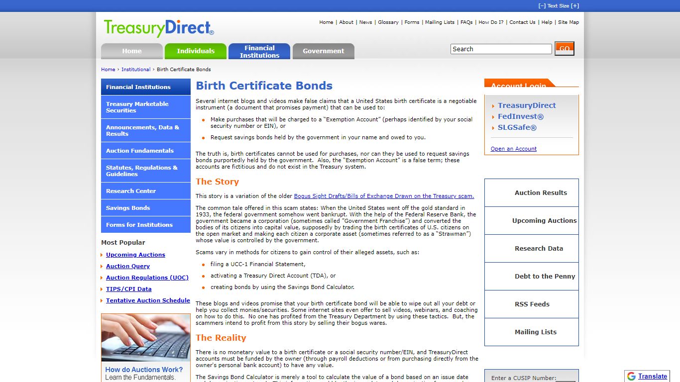 Institutional - Birth Certificate Bonds - TreasuryDirect